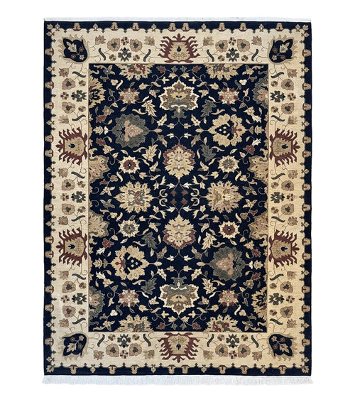 Handmade Indo Persian wool rug measuring 10x14 with floral Oriental design in black and beige, by Jewel Rugs.