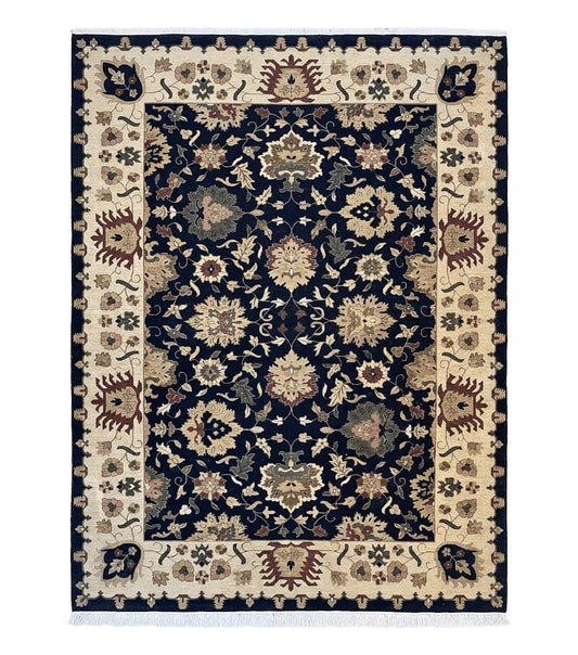 Indo Persian Rug 10x14, Wool Handmade Room Sized Floral Oriental Carpet, Indian Mahal Flatweave Rug, Black Beige