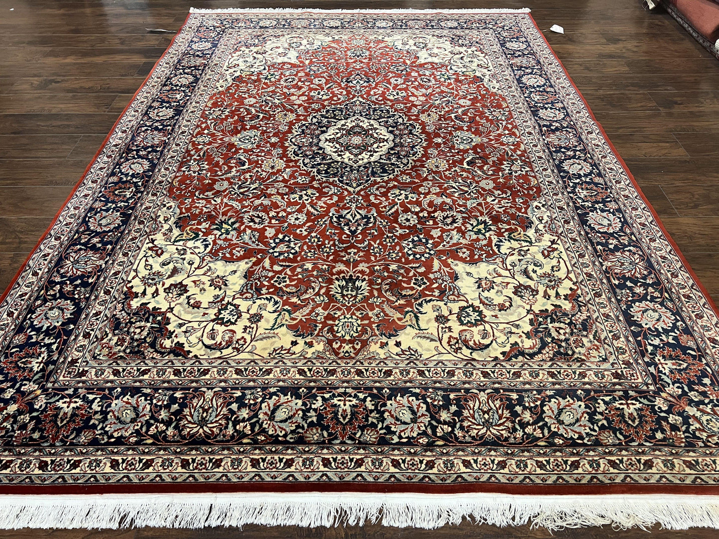 Fine Sino Persian Rug 7x10 ft, Floral Central Medallion Oriental Carpet, Red Navy Blue Cream, Hand Knotted Wool Traditional Vintage Rug - Nuvé