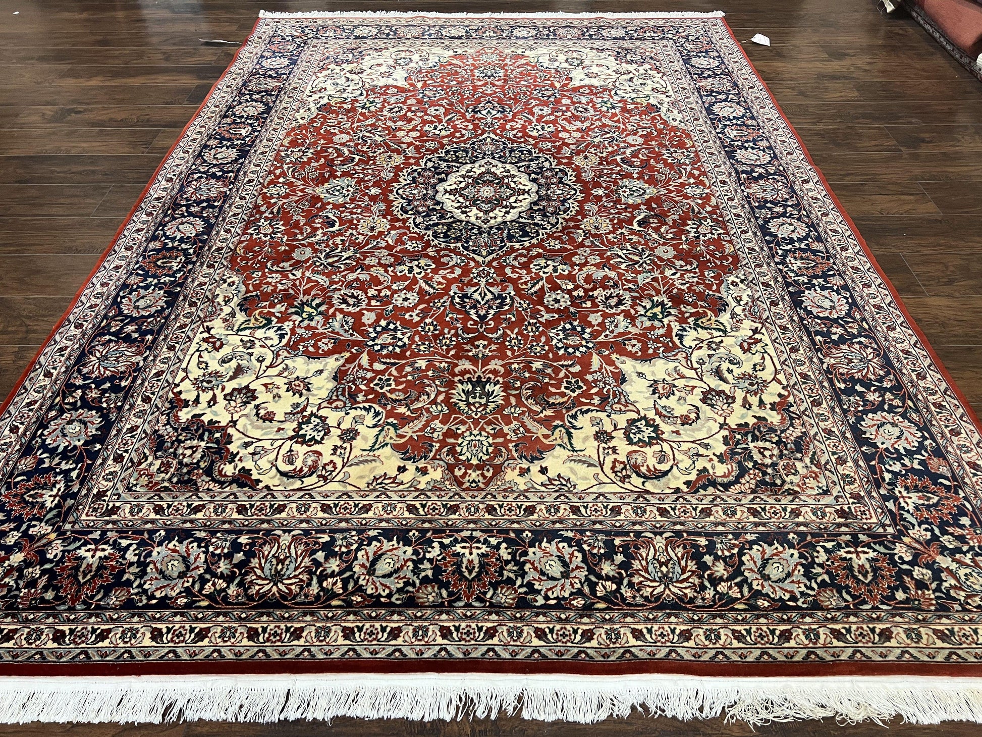 Fine Sino Persian Rug 7x10 ft, Floral Central Medallion Oriental Carpet, Red Navy Blue Cream, Hand Knotted Wool Traditional Vintage Rug - Nuvé