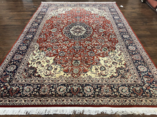 Fine Sino Persian Rug 7x10 ft, Floral Central Medallion Oriental Carpet, Red Navy Blue Cream, Hand Knotted Wool Traditional Vintage Rug - Nuvé