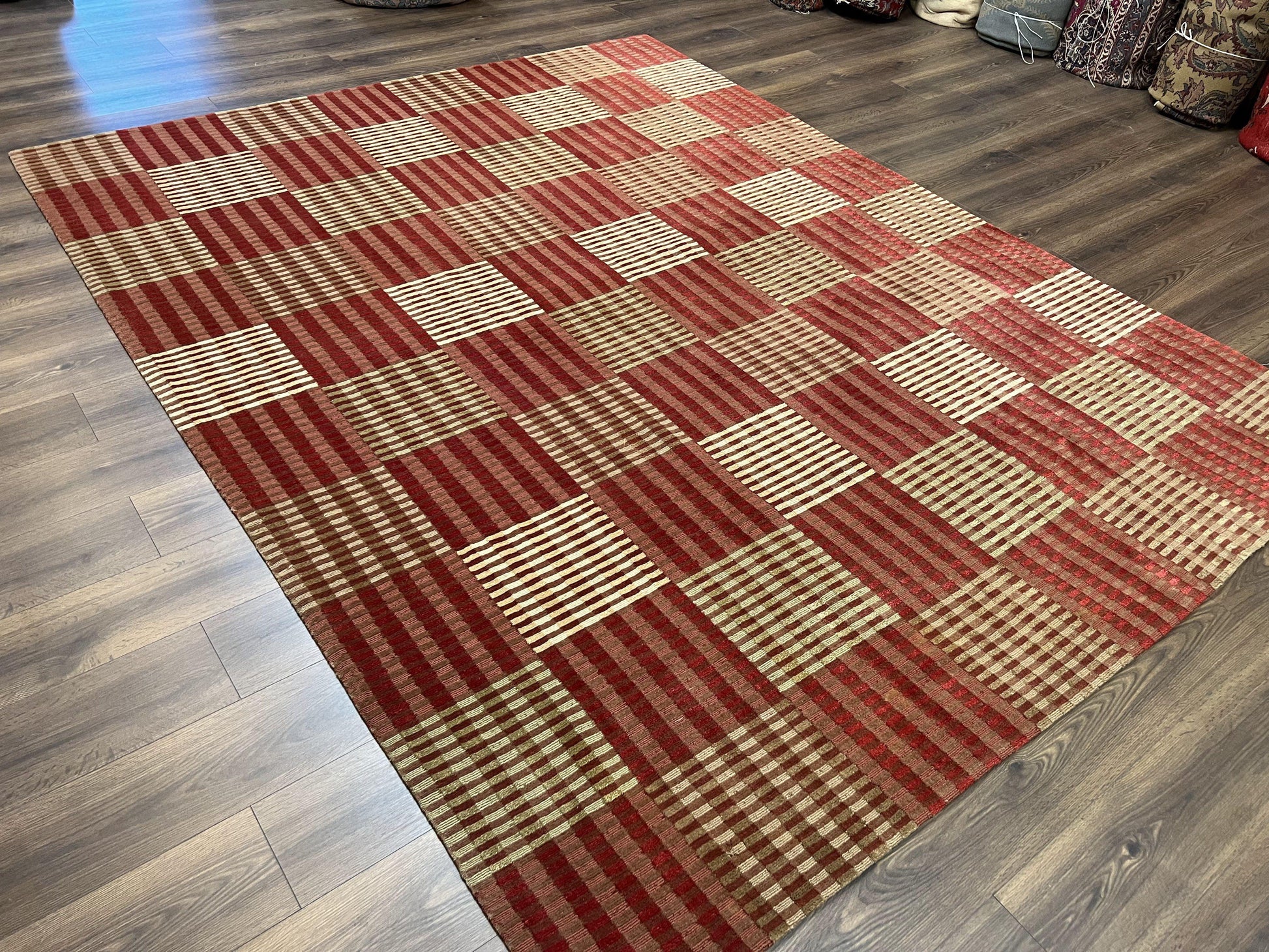 Modern Tibetan Rug 8x10, Hand Knotted Contemporary Nepali Carpet 8 x 10, Checkerboard Design, Red Cream Light Brown, Very Fine Wool & Silk - Nuvé
