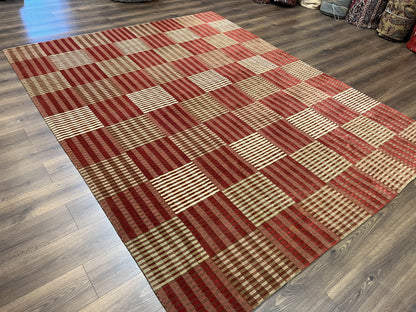 Modern Tibetan Rug 8x10, Hand Knotted Contemporary Nepali Carpet 8 x 10, Checkerboard Design, Red Cream Light Brown, Very Fine Wool & Silk - Nuvé