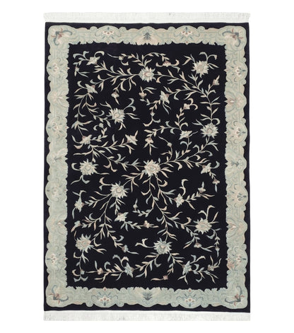 6x9 Vintage Black Gray Chinese Rug 120 Lines Wool Carpet Floral Design Hand-Knotted Soft Pile Entryway Rug Foyer Rug Nice