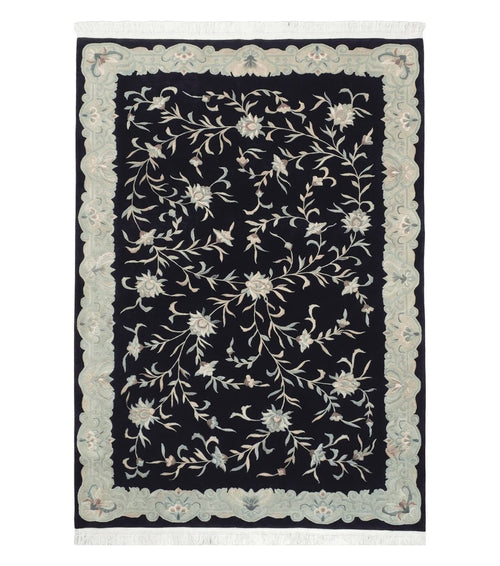 6x9 Vintage Black Gray Chinese Rug 120 Lines Wool Carpet Floral Design Hand-Knotted Soft Pile Entryway Rug Foyer Rug Nice