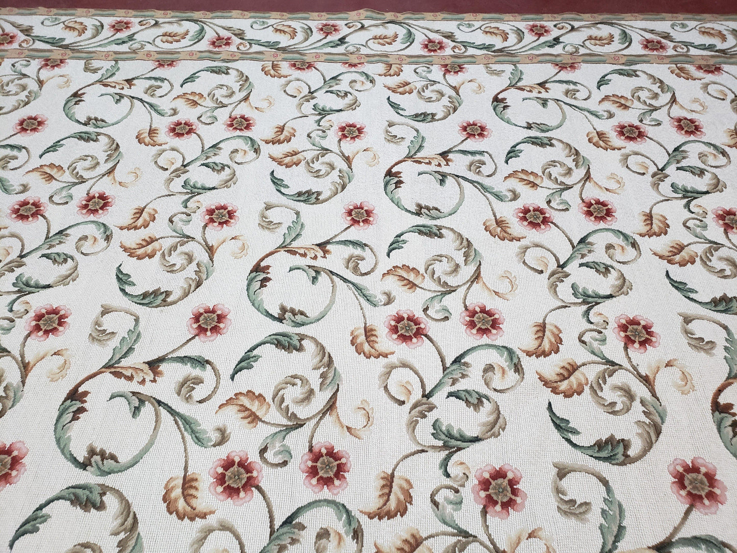 Needlepoint Rug 9x12, European Aubusson Design, Floral Allover Garden Pattern, New Needlepoint Area Rug, Ivory Rug, Hand Woven, Flatweave - Nuvé