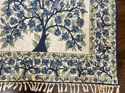 Tree of Life Indian Hand Stitched Rug 4x6, Indian Wall Hanging Rug, Ivory Blue, Silk on Cotton, Vintage - Nuvé