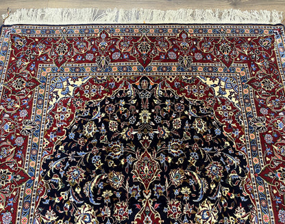 Dark Blue Persian Rug 5x8, Kork Wool Semi Antique Kashan Carpet, Very Fine Lachak Toranj Rug, Hand Knotted Floral Medallion Rug, 5 x 8 Oriental Rug - Nuvé
