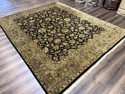 Indo Persian Rug 8x10, Black and Green, Wool, Handmade, Traditional, Floral Allover, Vintage - Nuvé