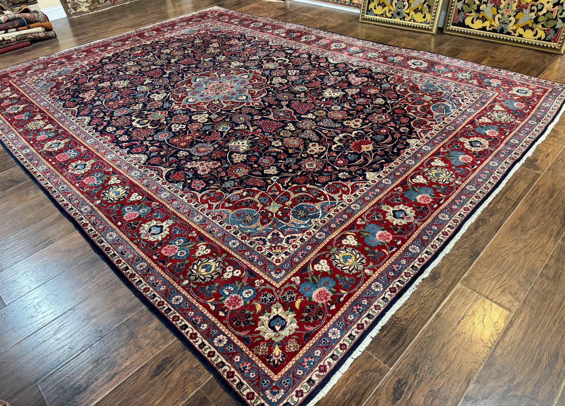 Navy Blue Persian Rug 9x12, Antique Persian Carpet, Kork Wool, 200 KPSI, Persian Kashan Rug - Nuvé