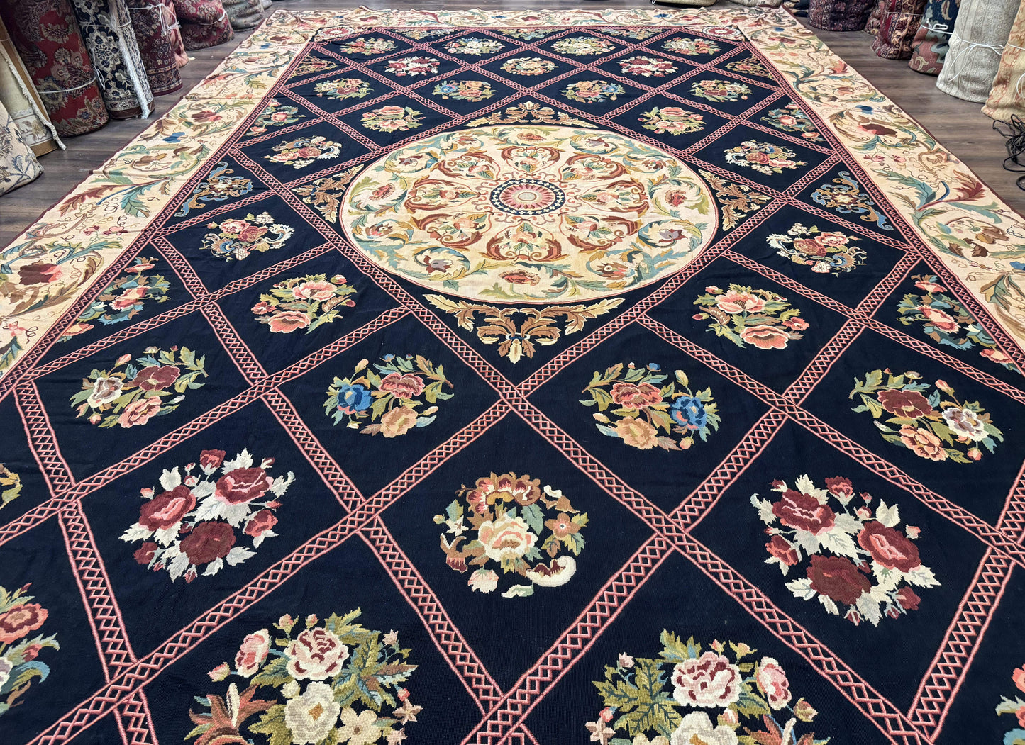 Palace Size Needlepoint Rug 12x20, European French English Aubusson Floral Design, Black and Beige - Nuvé