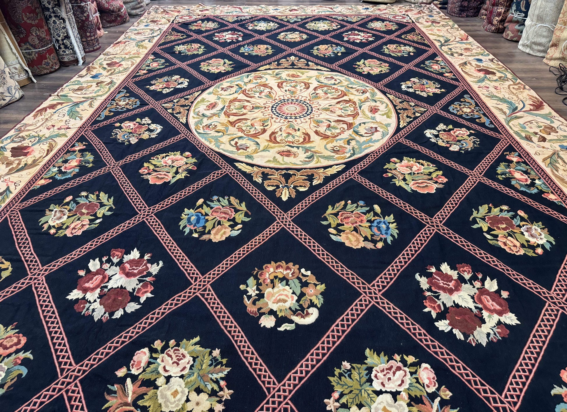 Palace Size Needlepoint Rug 12x20, European French English Aubusson Floral Design, Black and Beige - Nuvé