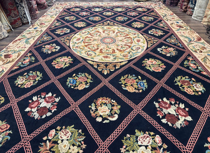 Palace Size Needlepoint Rug 12x20, European French English Aubusson Floral Design, Black and Beige - Nuvé