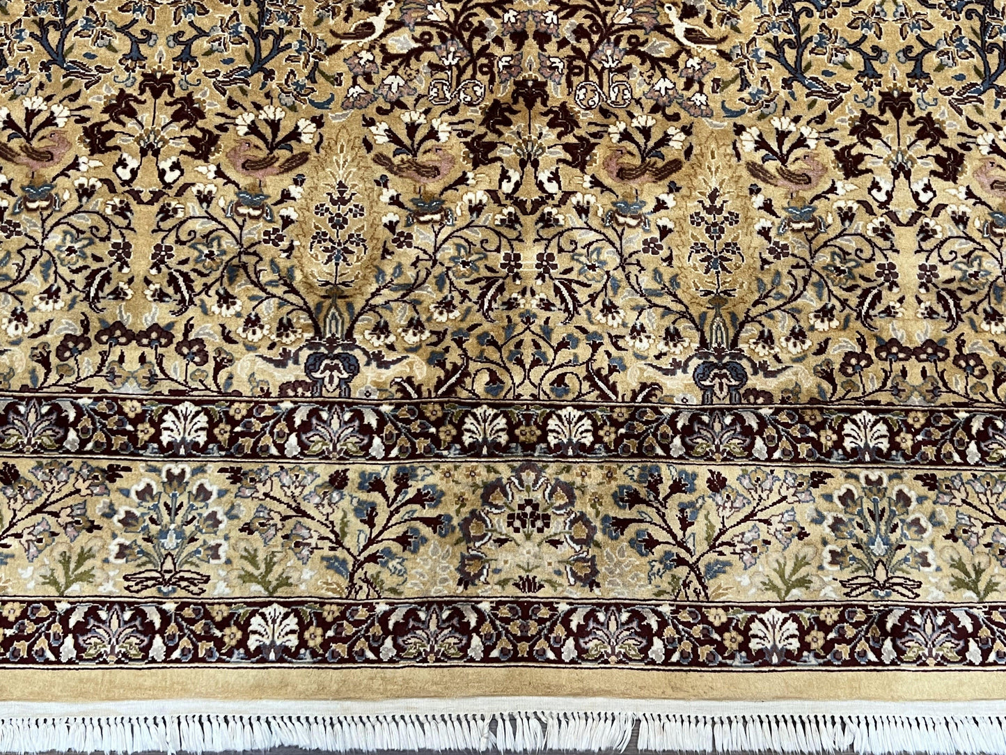 Pretty Indo Persian Rug 6x9, Allover Floral Motif with Birds, Tan/Cream, Very Fine Oriental Carpet, Hand Knotted Vintage Indian Wool Rug - Nuvé