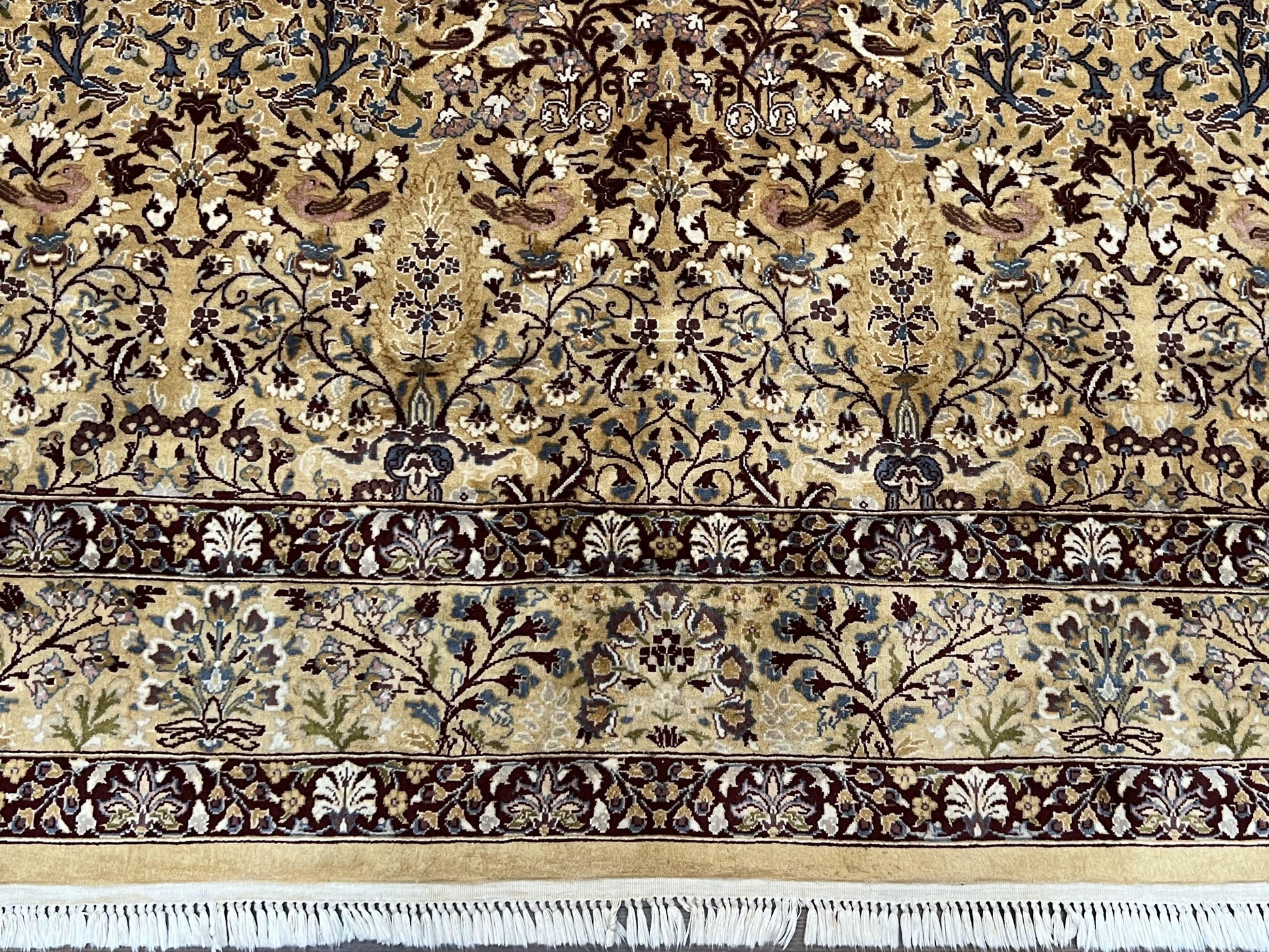 Pretty Indo Persian Rug 6x9, Allover Floral Motif with Birds, Tan/Cream, Very Fine Oriental Carpet, Hand Knotted Vintage Indian Wool Rug - Nuvé
