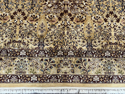 Pretty Indo Persian Rug 6x9, Allover Floral Motif with Birds, Tan/Cream, Very Fine Oriental Carpet, Hand Knotted Vintage Indian Wool Rug - Nuvé