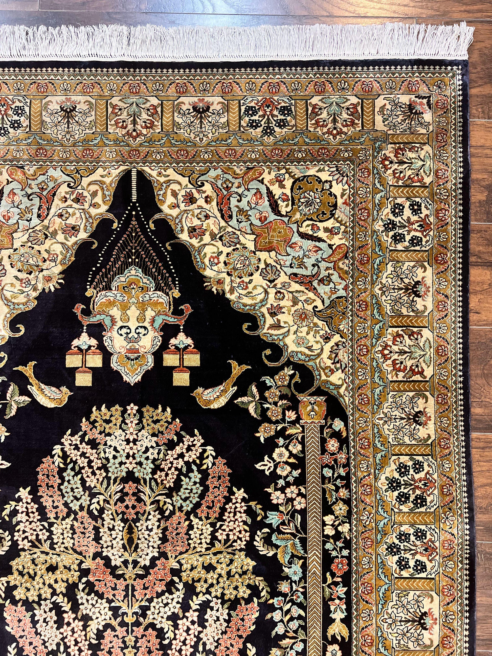 Wonderful Sino Persian Silk Rug 4x6, Tree of LIfe Design, Masterpiece 575 KPSI, Birds, Prayer Rug, Black, Silk on Silk - Nuvé