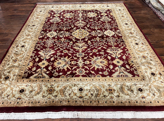 Vintage Indo Mahal Rug 8x10, Hand Knotted Wool Maroon & Beige Indian Agra Oriental Carpet, 8x10 ft Traditional Handmade Area Rug, Room Sized - Nuvé