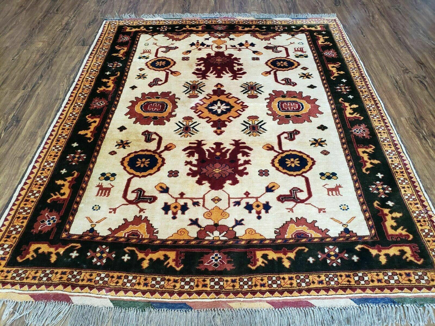 5' X 6' Vintage Handmade Knotted Turkish Kazak Pattern Wool Rug Bohemian Boho Interior Design - Nuvé