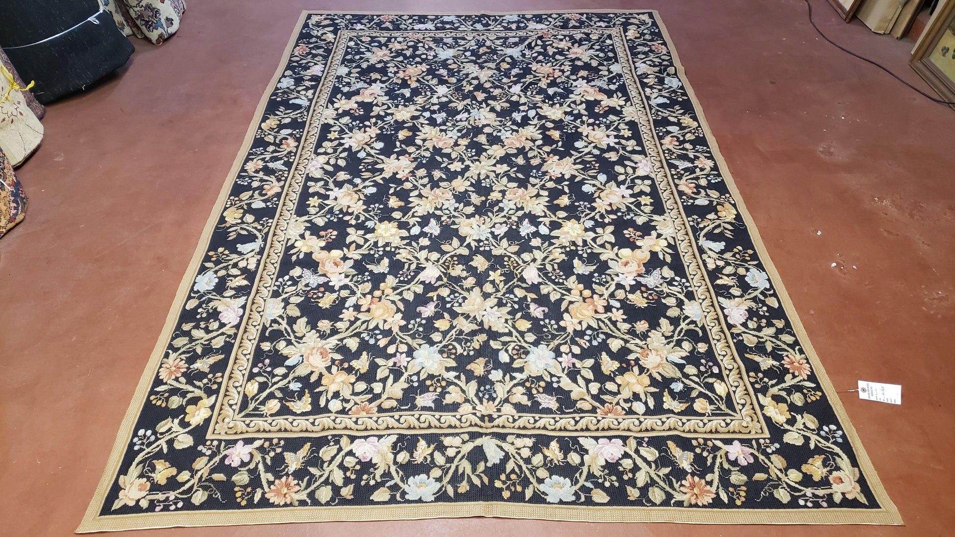 6x9 Vintage Needlepoint Rug Petitepoint Carpet Butterflies Floral Design Dark Brown & Tan 6 x 9 Handmade Flatweave Area Rug - Nuvé