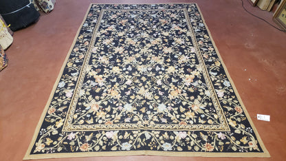 6x9 Vintage Needlepoint Rug Petitepoint Carpet Butterflies Floral Design Dark Brown & Tan 6 x 9 Handmade Flatweave Area Rug - Nuvé