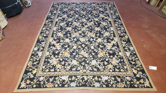 6x9 Vintage Needlepoint Rug Petitepoint Carpet Butterflies Floral Design Dark Brown & Tan 6 x 9 Handmade Flatweave Area Rug - Nuvé