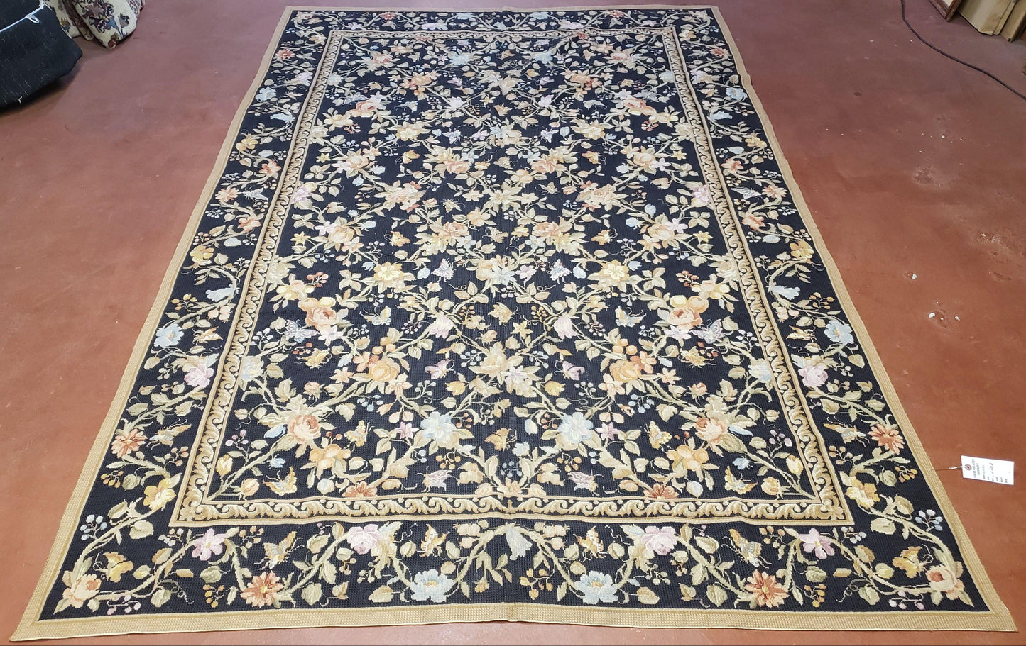 6x9 Vintage Needlepoint Rug, Petitepoint Carpet, Butterflies Floral Design - Nuvé