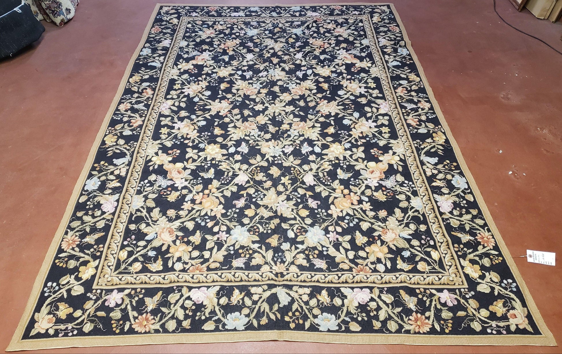 6x9 Vintage Needlepoint Rug, Petitepoint Carpet, Butterflies Floral Design - Nuvé