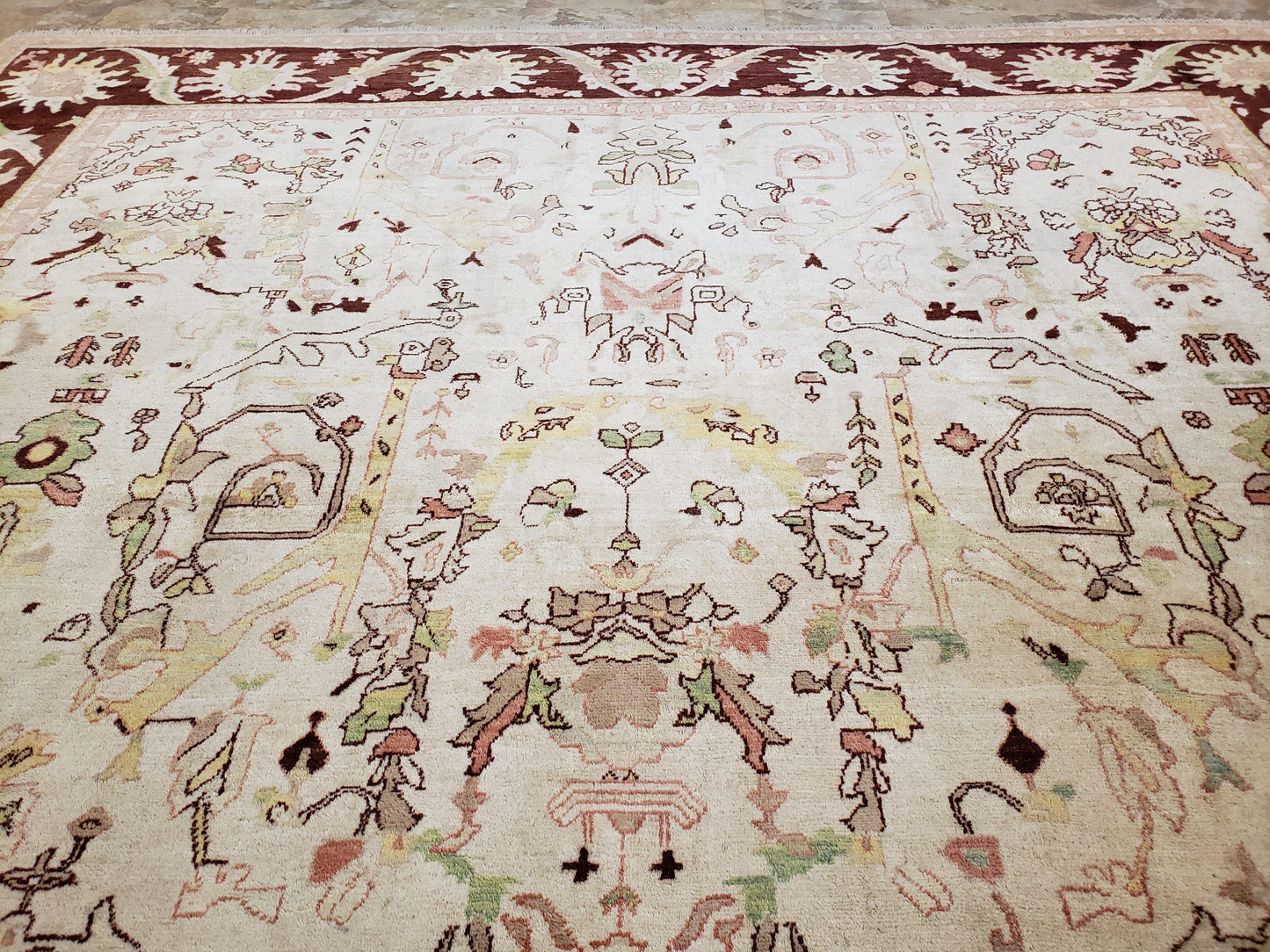 Beige and Maroon Peshawar Rug 10x15, Large Oushak Carpet, Pakistani Rug, Handmade Area Rug, Hand Knotted Rug, Living Room Rug, Nice Wool Rug - Nuvé