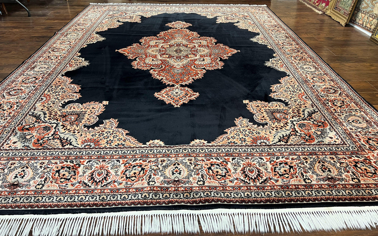 Karastan Rug 10x13, Karastan Ebony Kirman Rug, Room SIzed Wool Pile Vintage Karastan Carpet, Belgium Power Loomed Rug, Black Semi Open Field - Nuvé