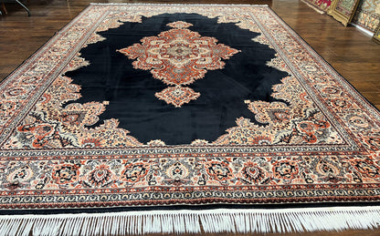 Karastan Rug 10x13, Karastan Ebony Kirman Rug, Room SIzed Wool Pile Vintage Karastan Carpet, Belgium Power Loomed Rug, Black Semi Open Field - Nuvé
