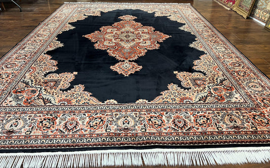 Karastan Rug 10x13, Karastan Ebony Kirman Rug, Room SIzed Wool Pile Vintage Karastan Carpet, Belgium Power Loomed Rug, Black Semi Open Field - Nuvé