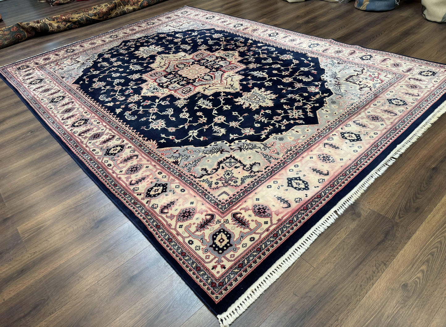 Karastan Rug 8x11 Navy Serapi, Kara Shah Rug, Navy Blue, Vintage Karastan Area Rug Wool Pile Karastan Rug - Nuvé