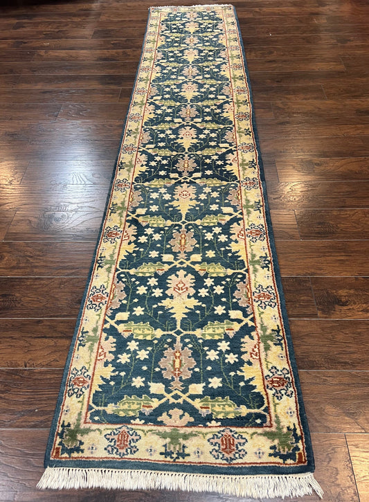 Indian Runner Rug 2.6 x 12, Navy Blue Beige Oriental Runner Rug 12ft Long, Narrow Hallway Runner, Wool Hand Knotted Indo Persian Mahal Rug - Nuvé