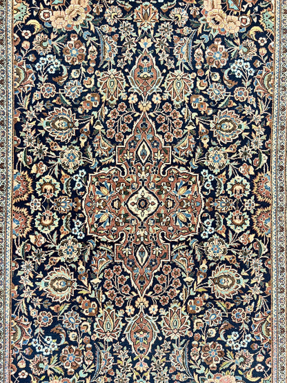 Persian Kashan Rug 4x7, Floral Medallion Vintage Handmade Hand Knotted Navy Blue & Red Wool Oriental Carpet, Highly Detailed Semi Antique Rug - Nuvé