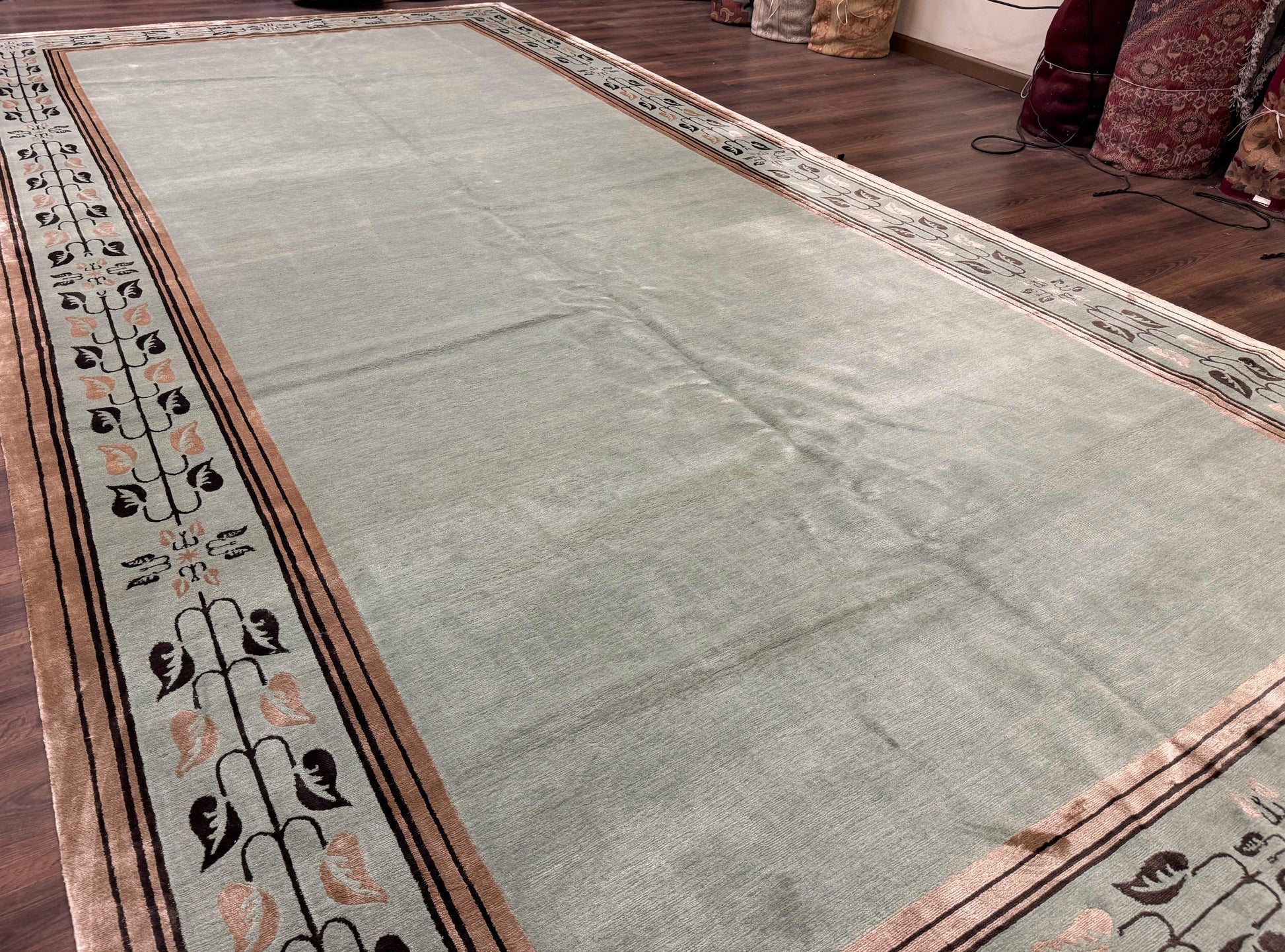 Palace Size Nepali Rug 9x18, Open Field, Light Mint Green, Wool Hand Knotted, Modern Contemporary - Nuvé