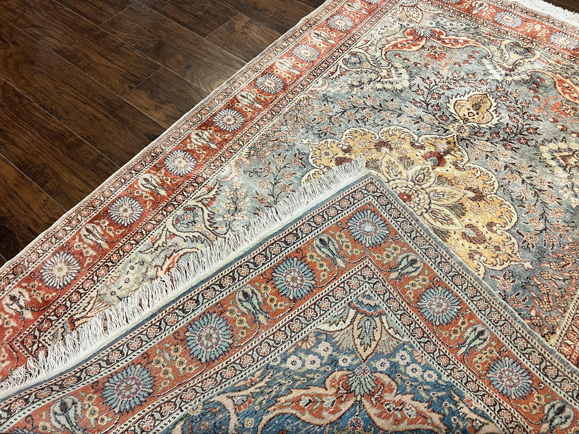 Silk Turkish Rug 5x7, Light Blue Silk Carpet, Floral Medallion, Turkish Kayseri Rug, Vintage Handmade Oriental Rug - Nuvé