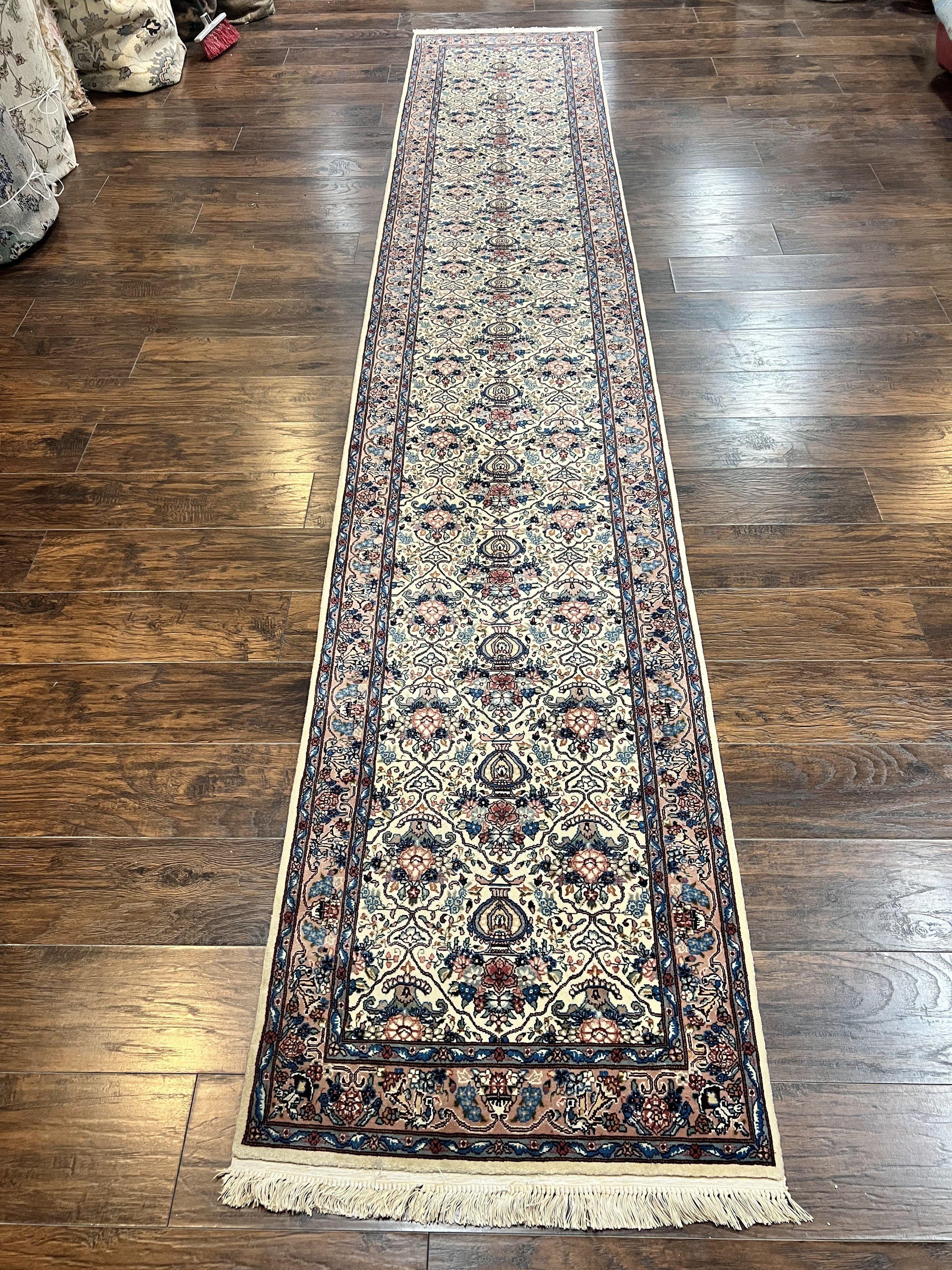 Sino Persian Runner Rug 2.8 x 14, Hand Knotted Vintage Oriental Hallway Rug, 14ft Runner, Cream, Floral, Wool - Nuvé