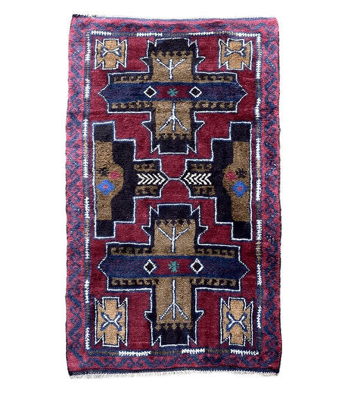 2' 10" X 4' 9" Vintage Handmade Tribal Wool Rug Balouchi Rug Afghan Rug Red Blue