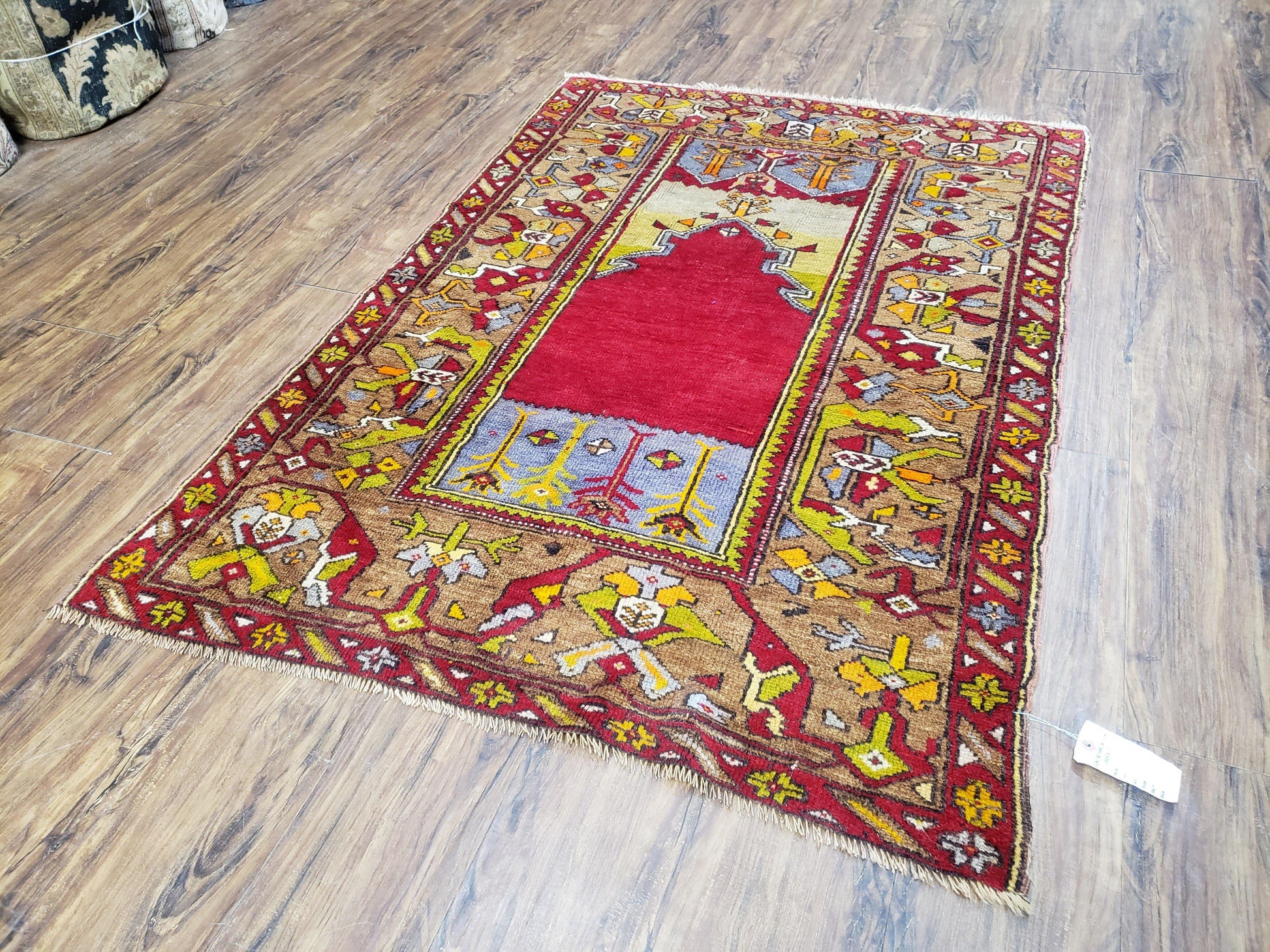 Antique Turkish Prayer Rug 3.8 x 5ft, Colorful Prayer Rug, Red Blue Gold Multicolor Turkish Anatolian Carpet, Handmade Hand-Knotted, Wool - Nuvé