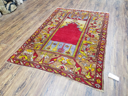 Antique Turkish Prayer Rug 3.8 x 5ft, Colorful Prayer Rug, Red Blue Gold Multicolor Turkish Anatolian Carpet, Handmade Hand-Knotted, Wool - Nuvé