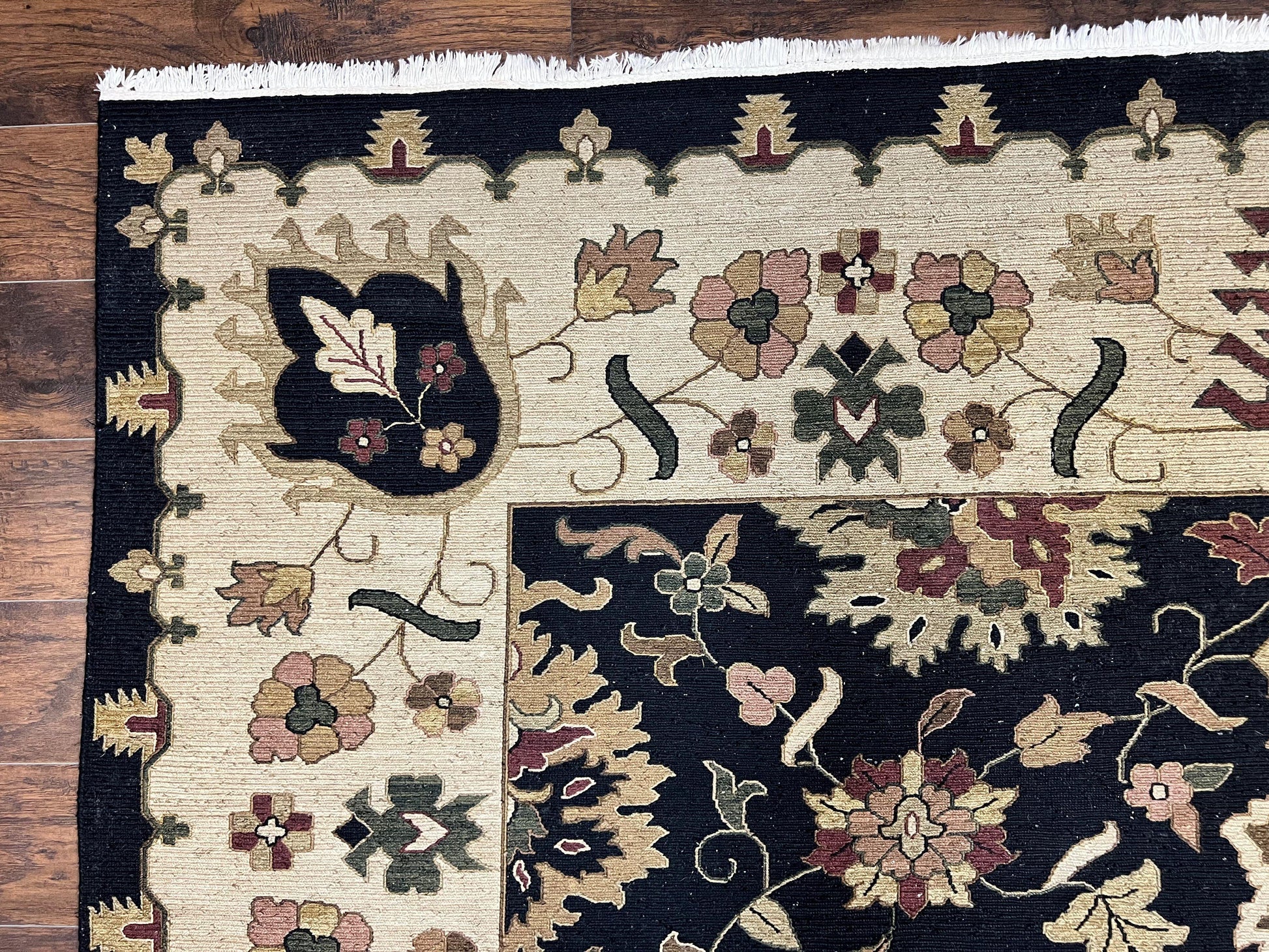 Indo Persian Rug 10x14, Wool Handmade Room Sized Floral Oriental Carpet, Indian Mahal Flatweave Rug, Black Beige - Nuvé