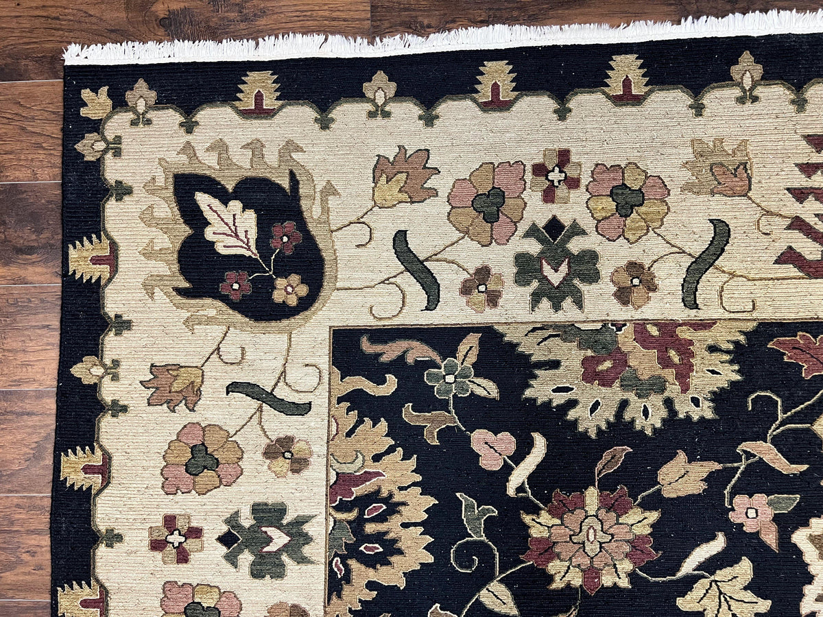 Handmade Indo Persian wool rug, 10x14 floral oriental carpet with black and beige colors, Indian Mahal flatweave designed for rooms.