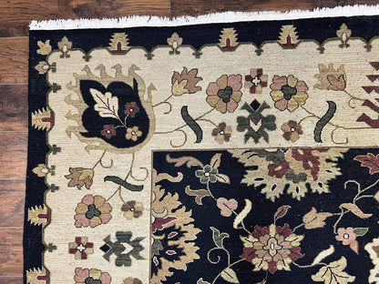 Handmade Indo Persian wool rug, 10x14 floral oriental carpet with black and beige colors, Indian Mahal flatweave designed for rooms.