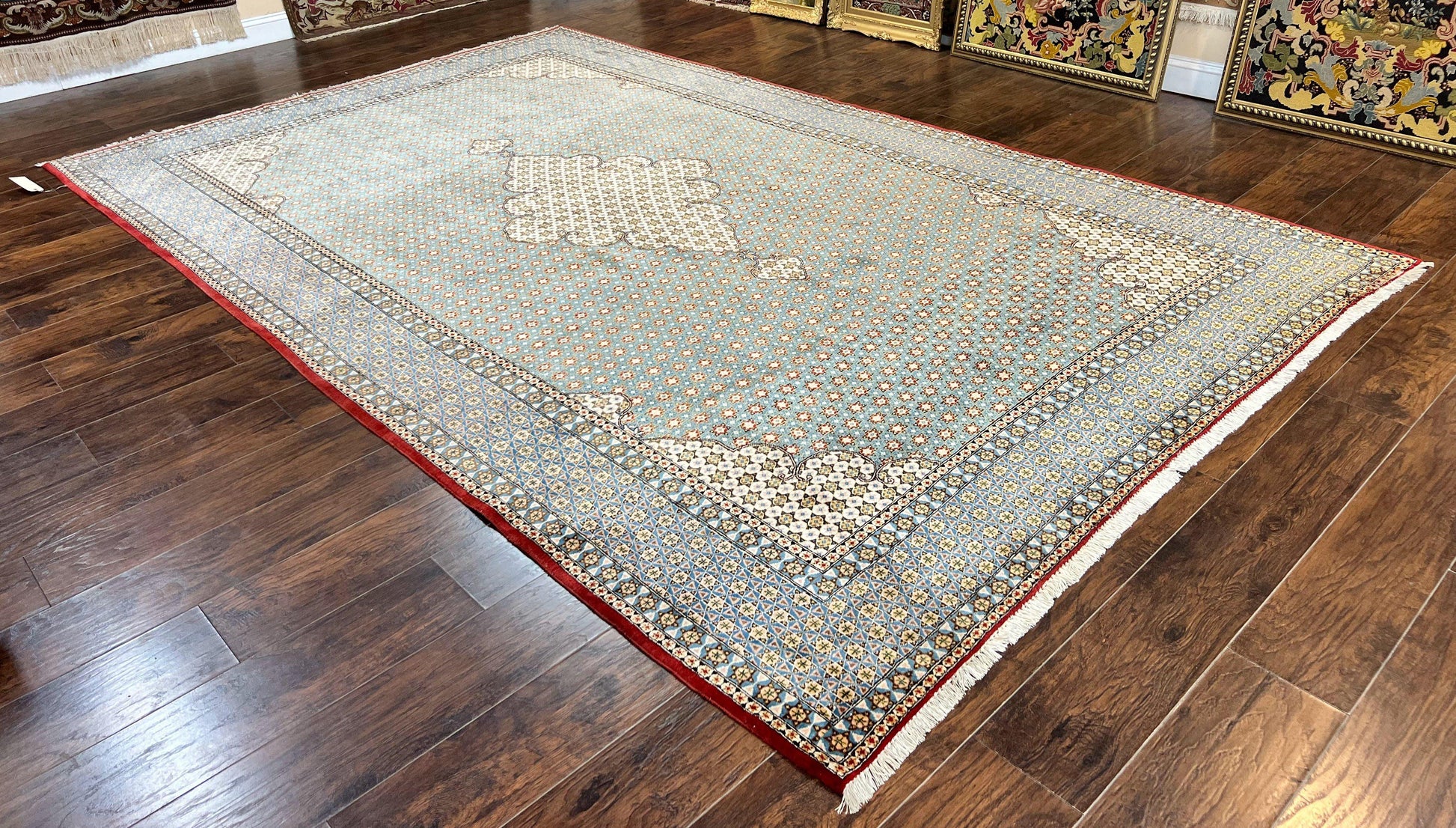 Rare Persian Rug 8x12, Qum Rug, Repeated Star Motifs, Blue and Ivory, Fine 300 KPSI, Hand Knotted Handmade Vintage Wool Rug - Nuvé