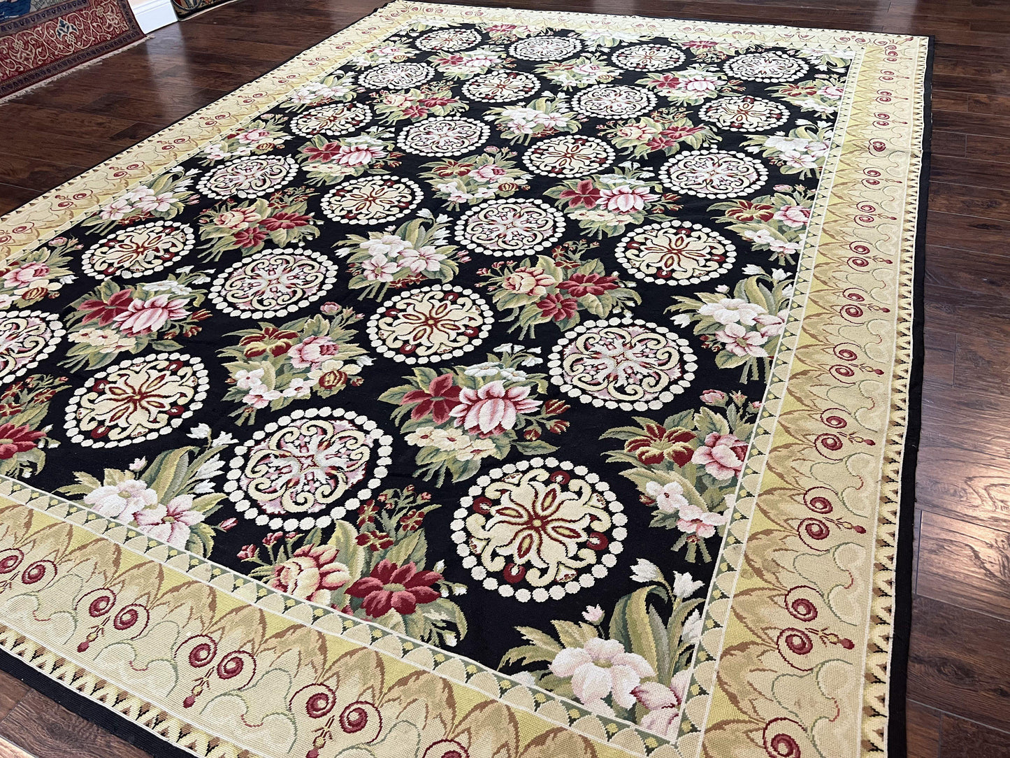 9x12 Black Needlepoint Rug, European Floral Panel Design, Handwoven, Vintage Chinese Needlepoint, Black Green Beige, Wool Rug 9 x 12 - Nuvé