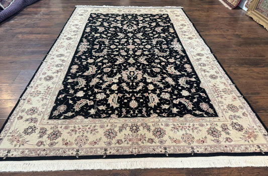 Sino Persian Rug 6x9, Black and Ivory, Wool and Silk Highlights, Handmade - Nuvé