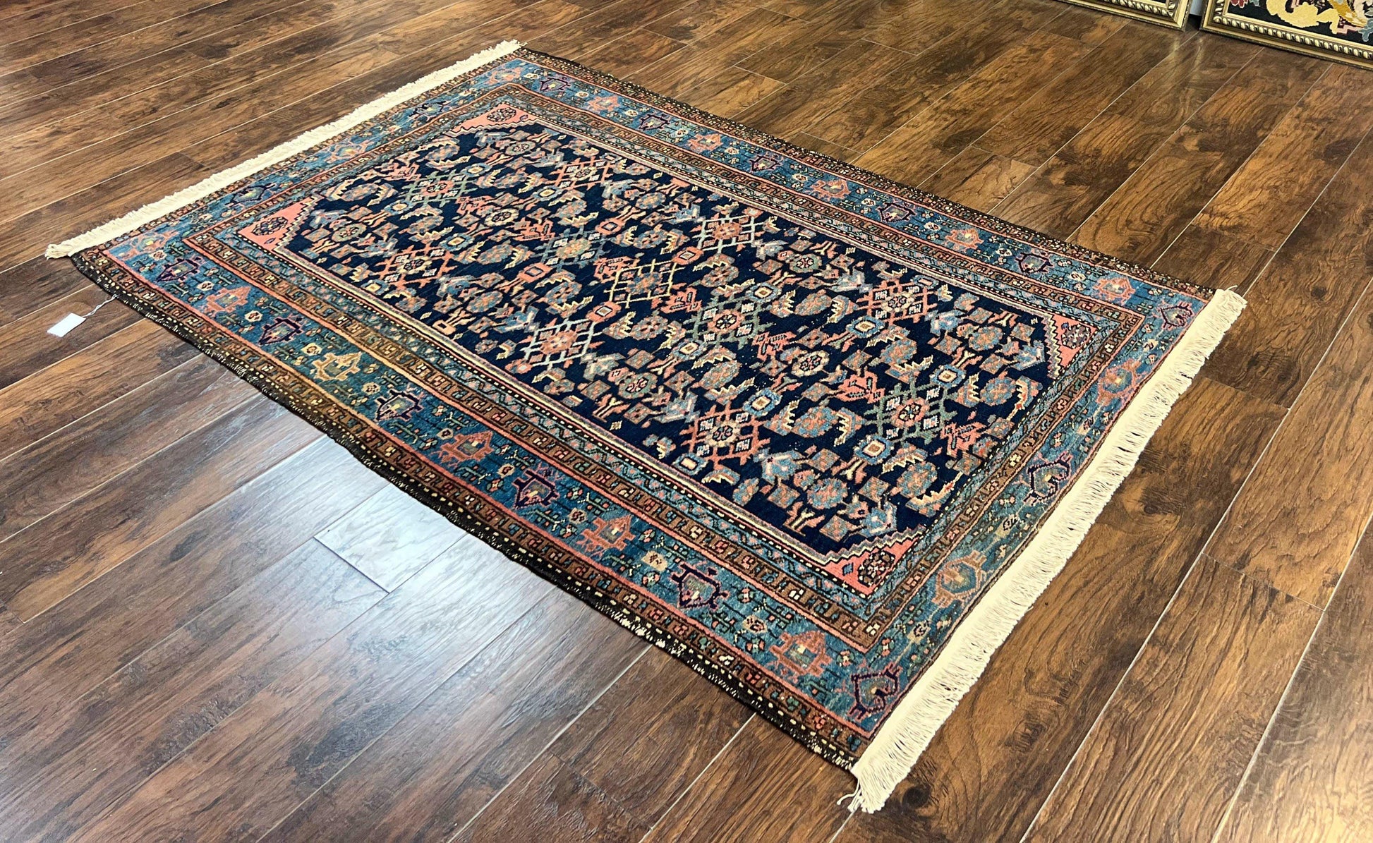 Antique Persian Tribal Rug 5x7, Navy Blue & Pink, Hand Knotted Handmade 1920s Wool Rug, Allover Pattern, Persian Hamadan Rug - Nuvé