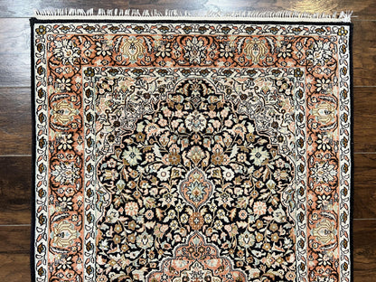 Silk Indian Kashmiri Rug 3x5, Indo Persian Silk on Silk Carpet, Very Fine 350 KPSI, Navy Blue, Handmade, Floral Medallion - Nuvé