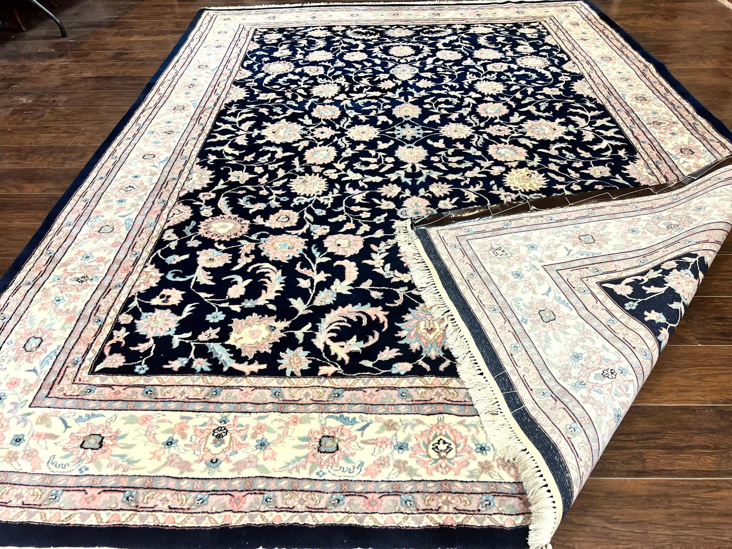 Indo Persian Rug 9x12, Navy Blue and Ivory/Cream, Floral Allover, Wool Vintage Handmade Carpet - Nuvé